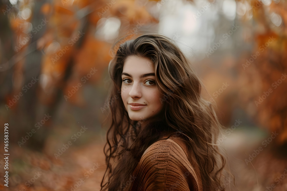 Woman walking through an autumn forest, smiling as she looks over her shoulder at the camera. The fall colors are bright and lively. Smiling depression concept. Woman walking through an autumn forest, smiling as she looks over her shoulder at the camera. The fall colors are bright and lively. Smiling depression concept.