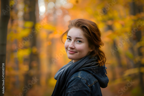 Woman walking through an autumn forest, smiling as she looks over her shoulder at the camera. The fall colors are bright and lively. Smiling depression concept. 