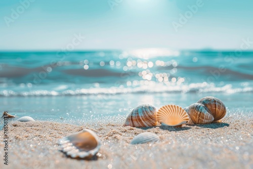 seashells on seashore beach holiday background