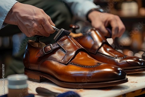 Man polishing leather double monk strap shoe closeup