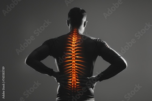 Shot with highlighted spine of man with back pain