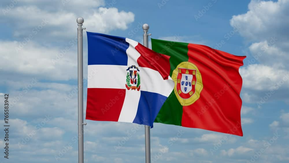 Portugal and Dominican two flags waving together, looped video, two country cooperation concept Portugal and Dominican two flags waving together, looped video, two country cooperation concept