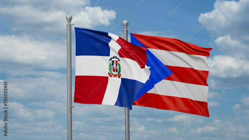 Puerto Rico and Dominican two flags waving together, looped video, two country cooperation concept