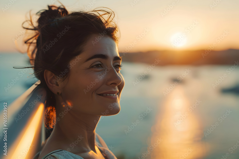 Portrait of a woman on a balcony overlooking the sea at sunrise, smiling as she gazes. Smiling depression concept. Portrait of a woman on a balcony overlooking the sea at sunrise, smiling as she gazes. Smiling depression concept.