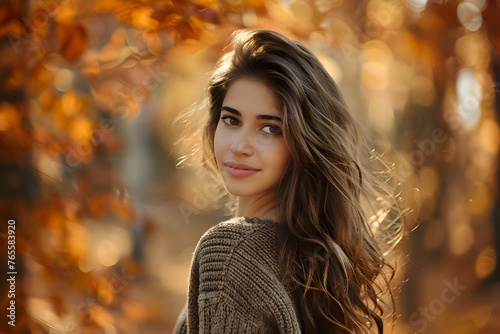 Woman walking through an autumn forest, smiling as she looks over her shoulder at the camera. The fall colors are bright and lively.