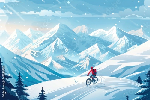Snowy mountains. Cyclist riding a bike
