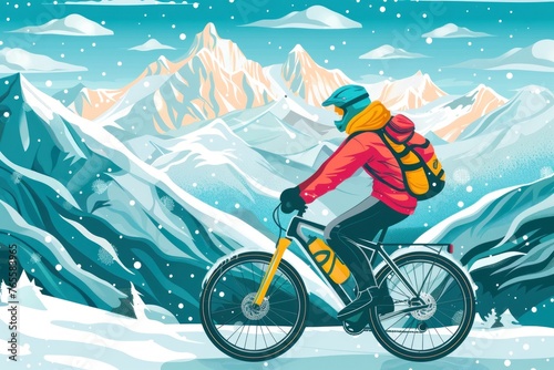Snowy mountains. Cyclist riding a bike