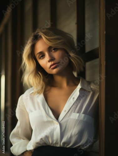 Woman in White Shirt Leaning Against Wall © Shakeel