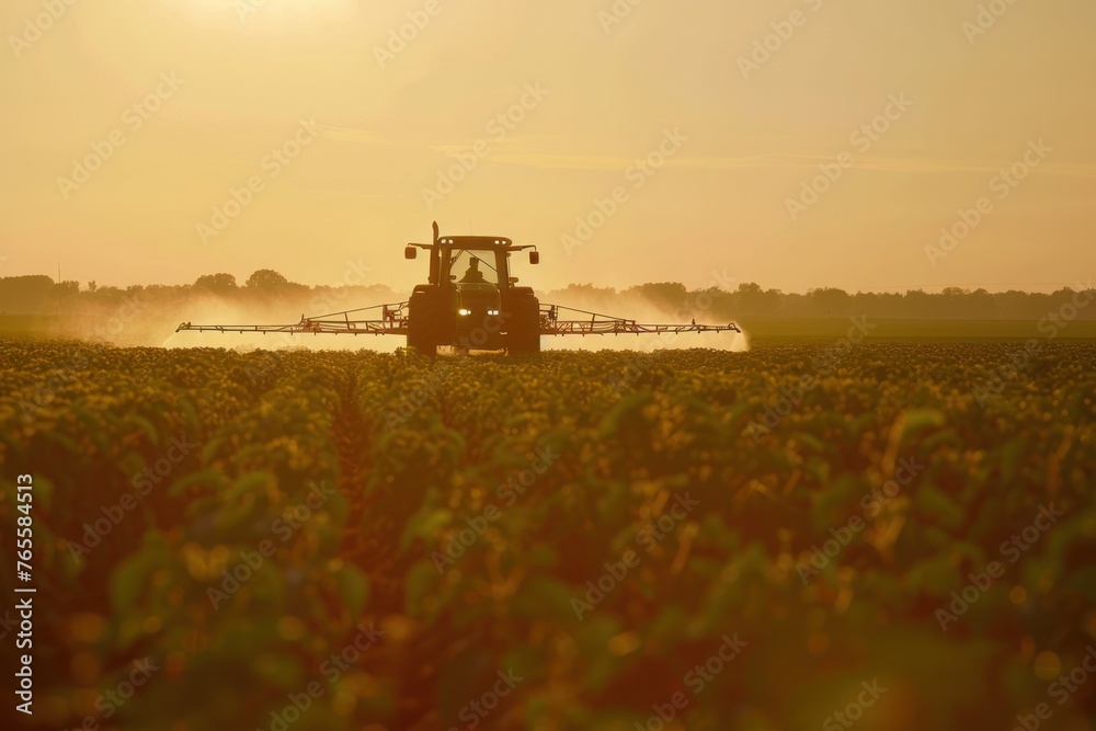 Naklejka premium Tractor Spraying Pesticides In Soybean Field With Sprayer