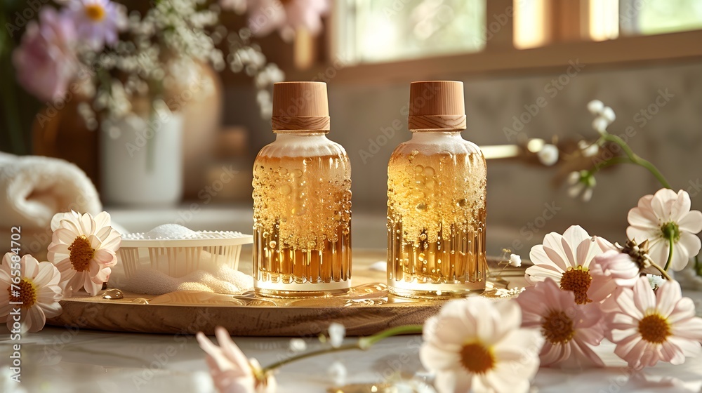 Oil bottles on the table, natural and practical household items Oil bottles on the table, natural and practical household items