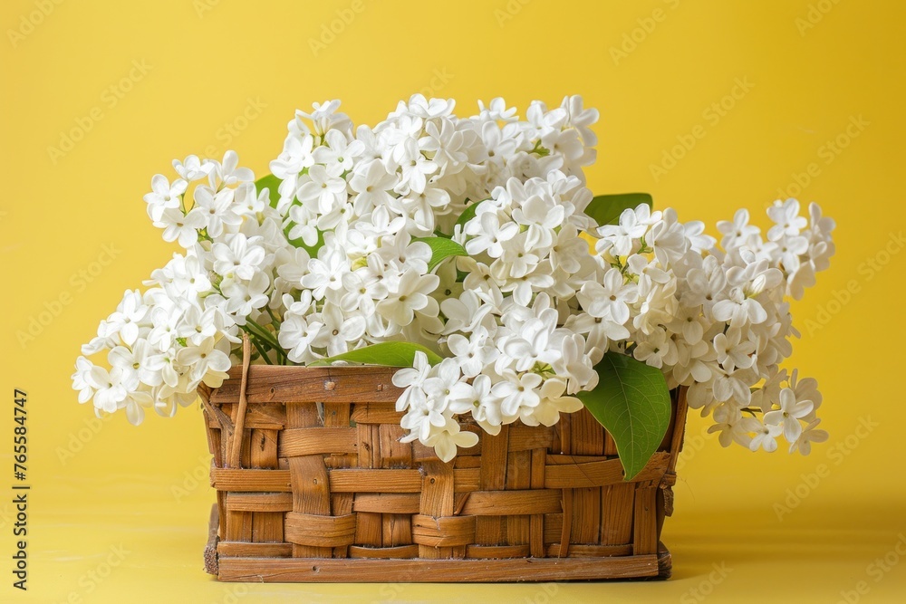 White flowers in wooden basket on yellow spring background