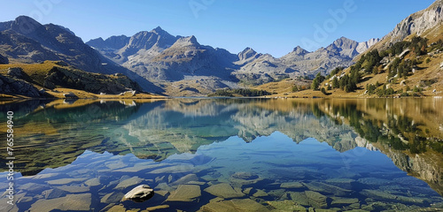 A clear mountain lake reflecting the surrounding peaks  its waters untouched by pollution  a sanctuary of purity and tranquility