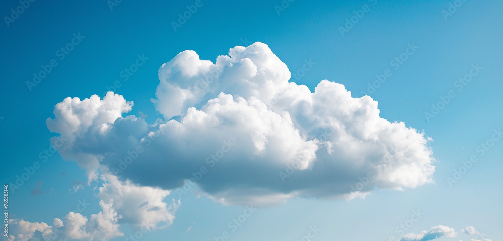 A fluffy white cloud floating in a bright blue sky, its pure form drifting lazily in the endless expanse above - obrazy, fototapety, plakaty 