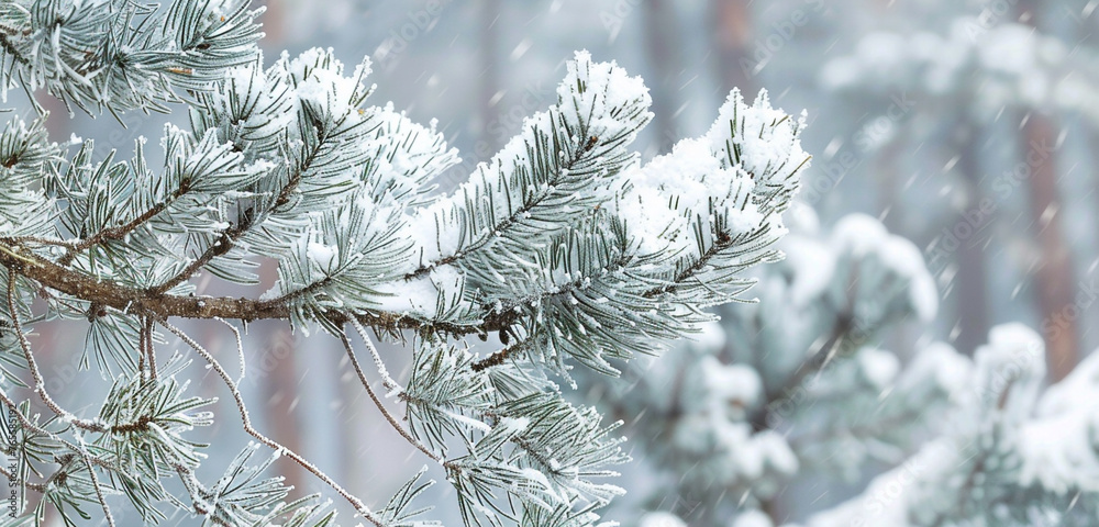 A freshly fallen snow covering the branches of a pine tree, transforming the forest into a scene of pure winter beauty