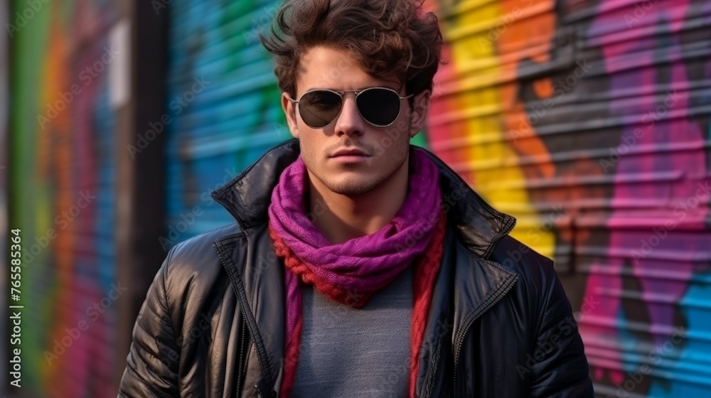 Man Wearing Sunglasses and Scarf Standing in Front of Colorful Wall Man Wearing Sunglasses and Scarf Standing in Front of Colorful Wall