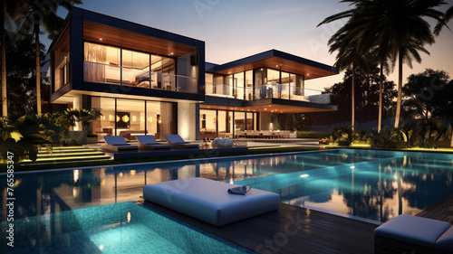 A sleek modern mansion with clean lines and expansive windows, surrounded by manicured gardens and a sparkling pool.