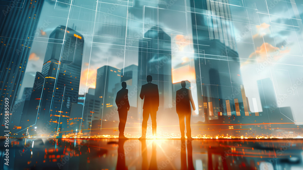 Double exposure of a bustling city and a corporate team, merging the concepts of urban life and collaborative business success Double exposure of a bustling city and a corporate team, merging the concepts of urban life and collaborative business success