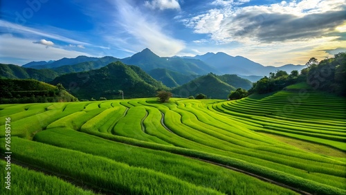 Beautiful landscape of rice terraced fields with mountains background and nice blue sky with clouds. © Nutjaree