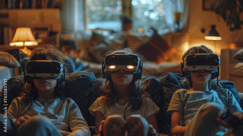 Obraz premium Family Members Immersed in Virtual Reality Worlds Using Headsets, Capturing Candid Moments in Cozy Living Room Setting, Concept of Technology and Family Bonding