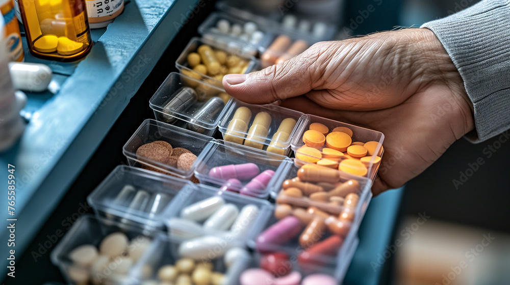 Hand holding a pill organizer, with a variety of supplements and vitamins neatly organized inside Hand holding a pill organizer, with a variety of supplements and vitamins neatly organized inside