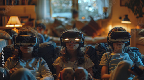 Family Members Immersed in Virtual Reality Worlds Using Headsets, Capturing Candid Moments in Cozy Living Room Setting, Concept of Technology and Family Bonding