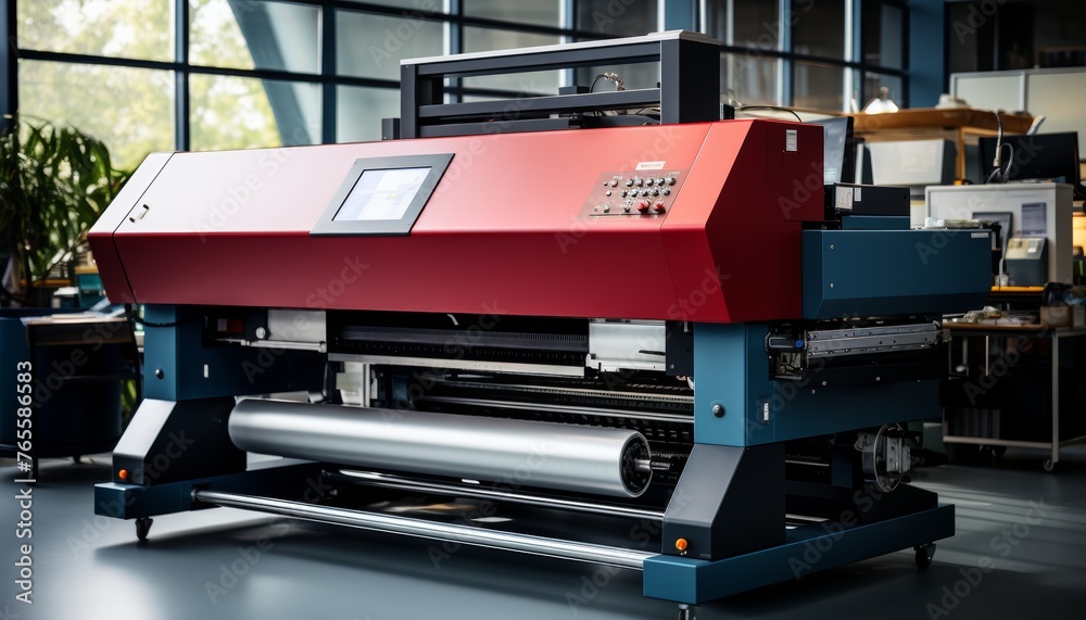 a captivating visual representation of a professional large format printing machine operating in a vibrant printing shop, highlighting its advanced capabilities and the energetic atmosphere 