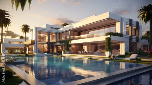 A sleek modern mansion with clean lines and expansive windows, surrounded by manicured gardens and a sparkling pool.