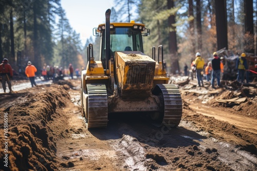 A team of workers operating a bulldozer on a road construction site, using a machine to lay down asphalt.