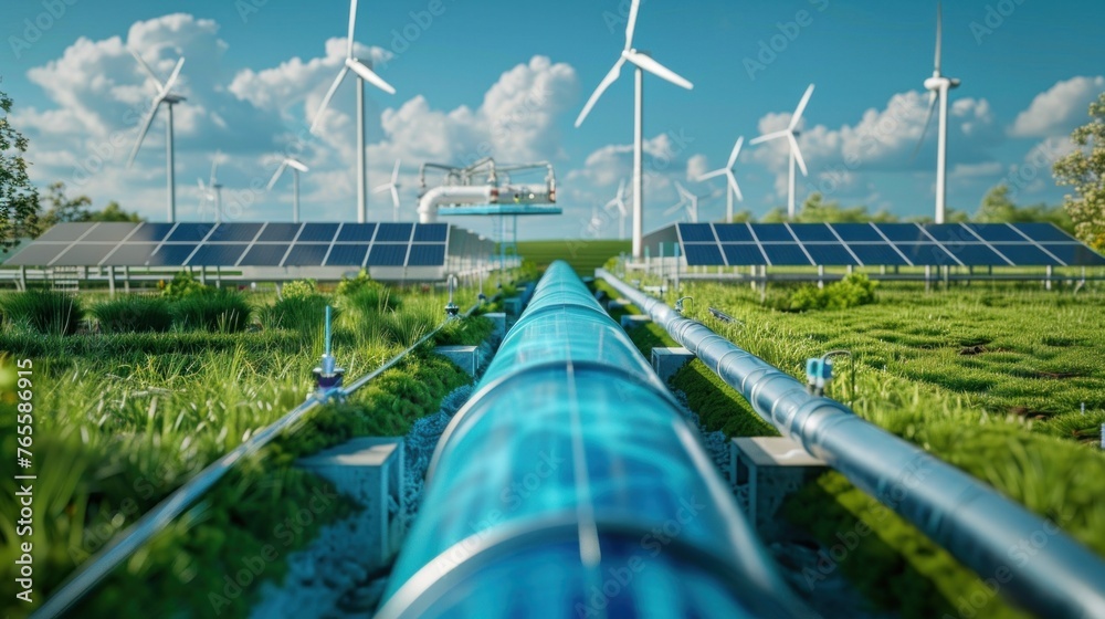 Blue Hydrogen renewable energy production pipeline. green hydrogen gas for clean . - obrazy, fototapety, plakaty 