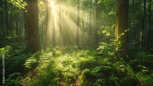 Sunbeams pierce through the verdant canopy of a serene forest, casting a peaceful glow over the lush undergrowth and highlighting the tranquil beauty of nature
