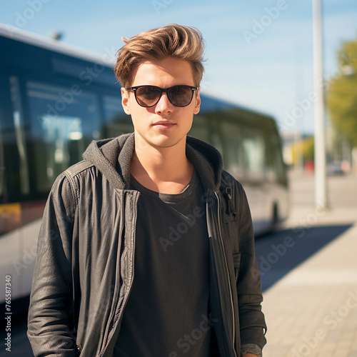 Young guy standing at the bus, AI Generation