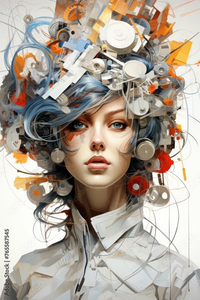 Intricate Painting Depicting Womans Head With Various Objects Intricate Painting Depicting Womans Head With Various Objects