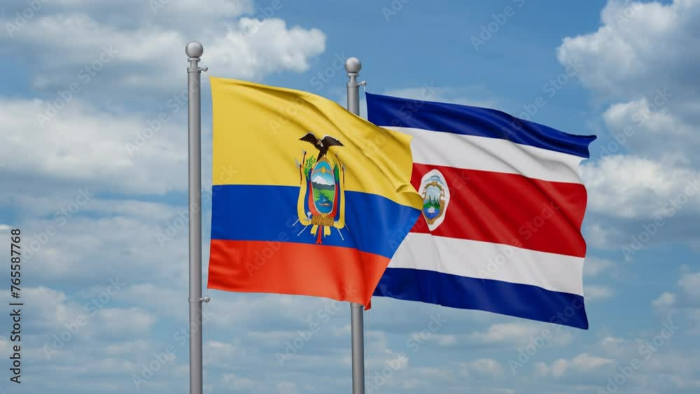 Costa Rico and Ecuador two flags waving together, looped video, two country cooperation concept Costa Rico and Ecuador two flags waving together, looped video, two country cooperation concept