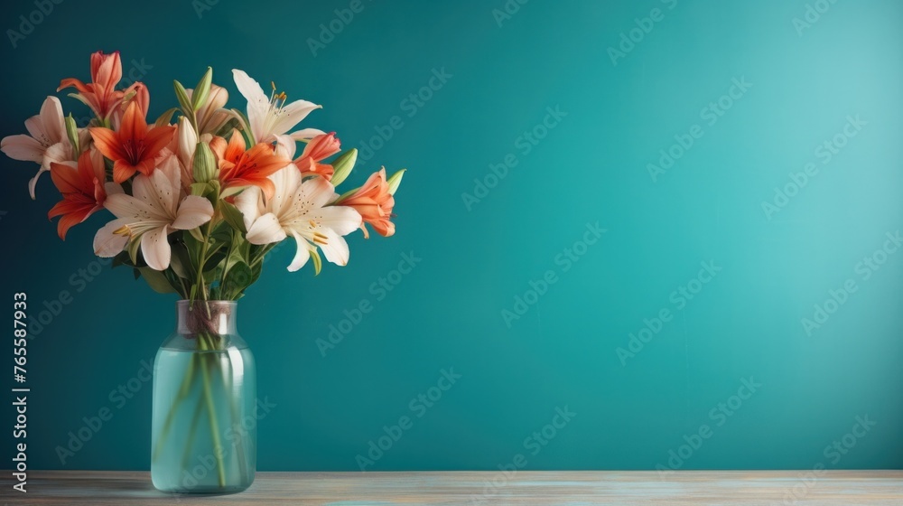 A bouquet of field flowers in a glass vase on a wooden coffee table contrasts with the turquoise wall background.