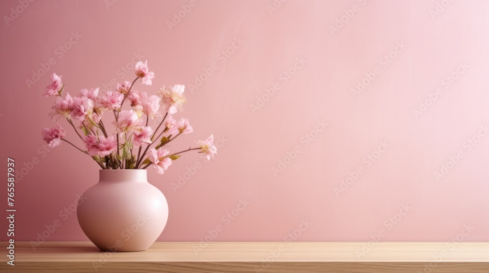 Flowers in a vase near a wooden coffee table with a pink wall background. interior design Flowers in a vase near a wooden coffee table with a pink wall background. interior design