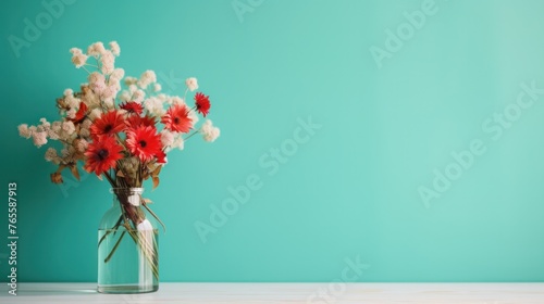 A bouquet of field flowers in a glass vase on a wooden coffee table contrasts with the turquoise wall background. photo