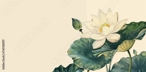  A white lotus flower with green leaves on the right side of a banner, copy space vintage background