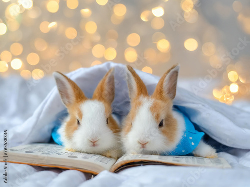 cute Rabbit sleeping on a Rabbit with white sheets and a white comforter. Two cute orange