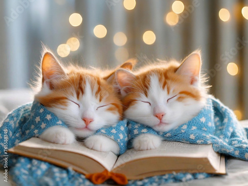 cute cat sleeping on a cat with white sheets and a white comforter. Two cute orange baby cat