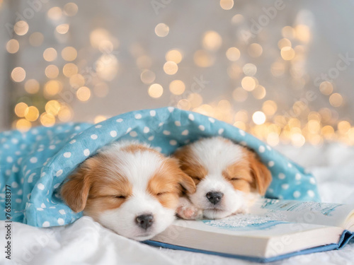 cute dog sleeping on a dog with white sheets and a white comforter. Two cute orange baby dog