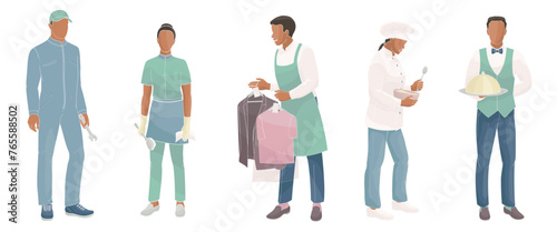 hotel staff African American male and female characters part 2, waiter, kitchen chef, housekeeping, laundry service, maintenance