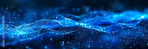 Abstract blue digital background with glowing dots and waves of data flow, futuristic technology