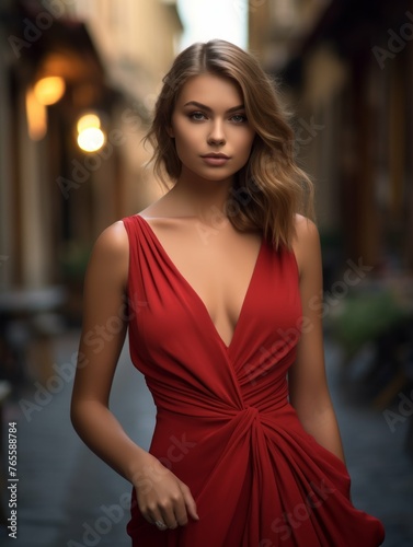 Woman in Red Dress Standing on Urban Street