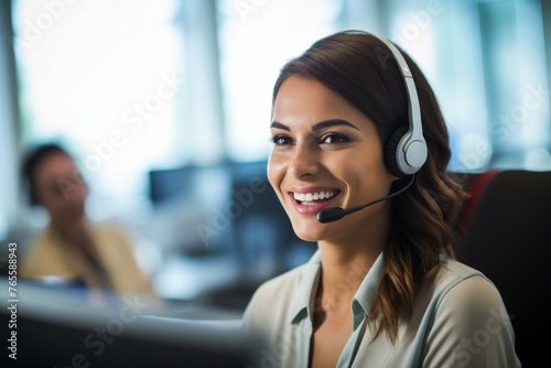 Smiling Woman in a Call Center Wearing Headset