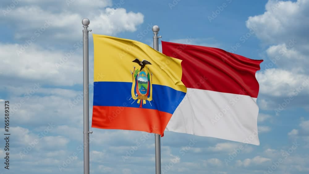 Indonesia and Ecuador two flags waving together, looped video, two country relations concept Indonesia and Ecuador two flags waving together, looped video, two country relations concept