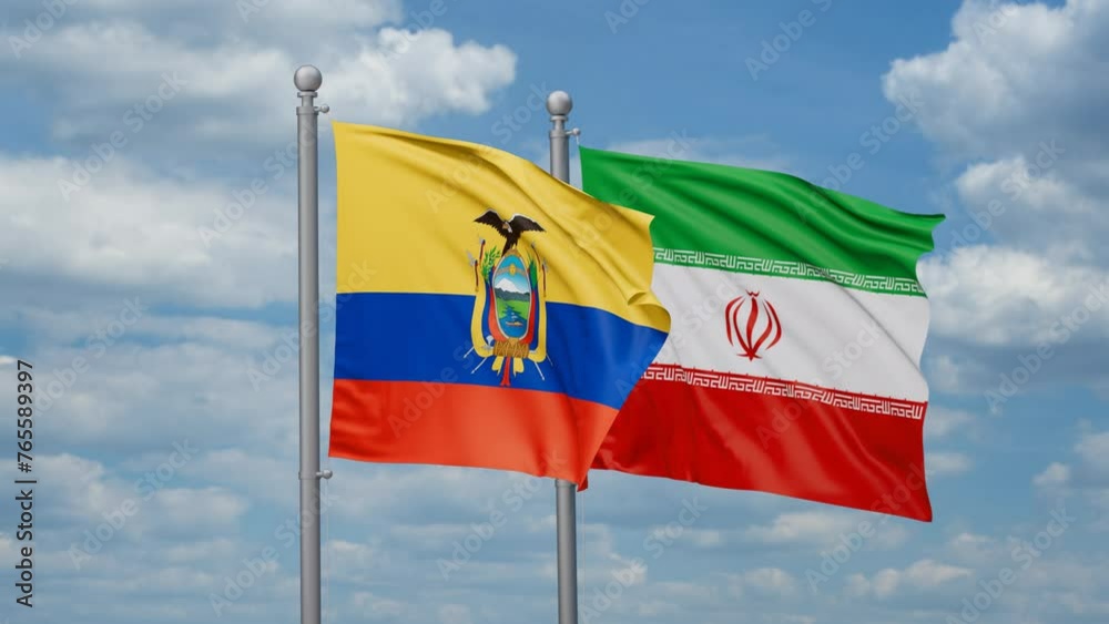 Iran and Ecuador two flags waving together on blue sky, looped video