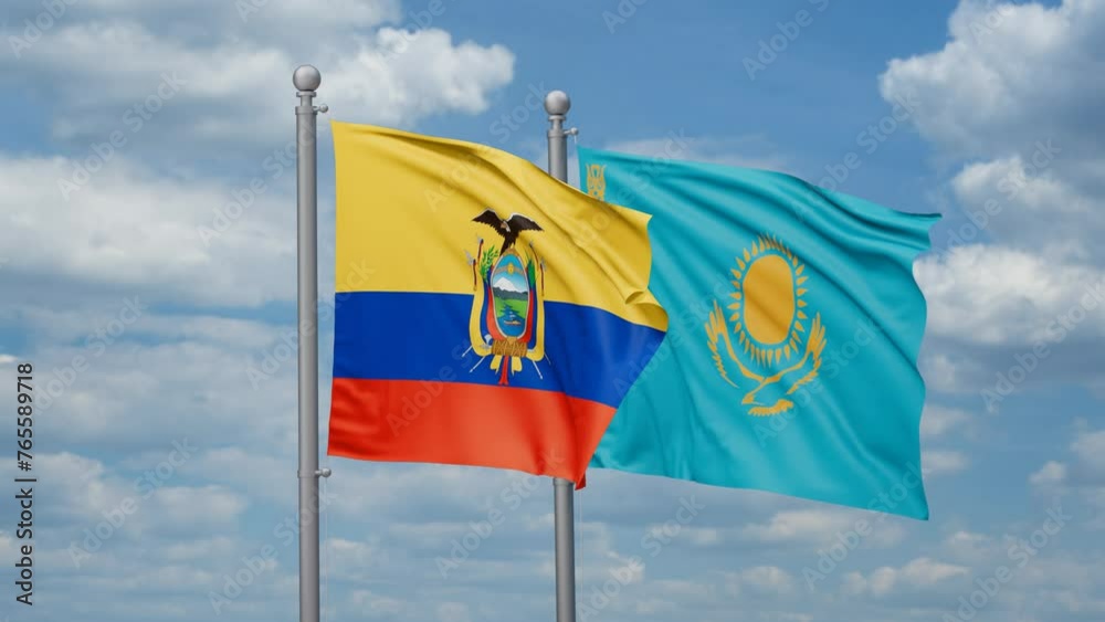 Kazakhstan and Ecuador two flags waving together, looped video, two country cooperation concept Kazakhstan and Ecuador two flags waving together, looped video, two country cooperation concept