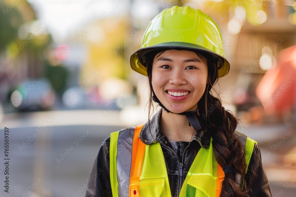 Female industrial worker woman wearing helmet Female industrial worker woman wearing helmet