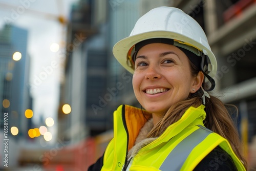 Female industrial worker woman wearing helmet