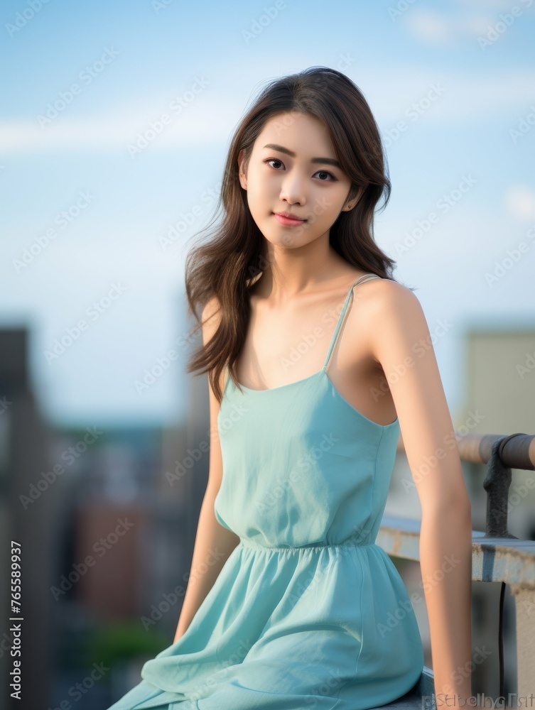 Woman in Blue Dress Sitting on Ledge Woman in Blue Dress Sitting on Ledge